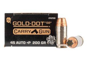 Speer Gold Dot Carry Gun 45 Auto +P Ammo features nickel-plated brass casing